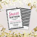 Schwarze und weiße Streifen Sweet 16 Birthday Einl Einladung<br><div class="desc">Dieses schicke, süße 16-Einladungs-Programm besticht durch einen stilvollen schwarz-weißen Streifen-Hintergrund und das Wort "Sweet" in hübsch rosa Aquarell. Das ist perfekt für das Geburtstagsmädchen, das mit einer Geburtstagsfeier sechzehn Jahre alt wird. Personalisieren Sie diese Einladung, indem Sie den Platzhaltertext in der Vorlage ersetzen. Für weitere Optionen, wie zum Beispiel den...</div>