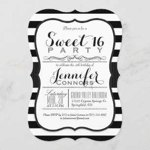 Schwarze und weiße Streifen Sweet 16 Party Einladung
