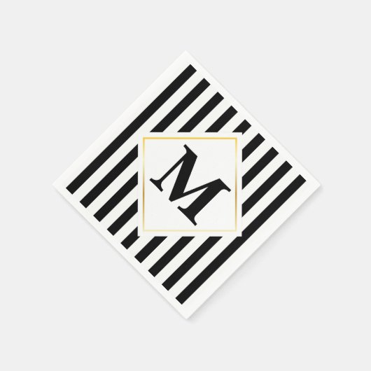 Schwarze und weiße Streifen Weißes Gold Monogramm Serviette (Ecke)