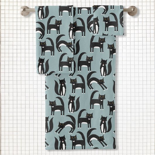 Schwarze und weiße Tuxedo-Katzen Badhandtuch Set