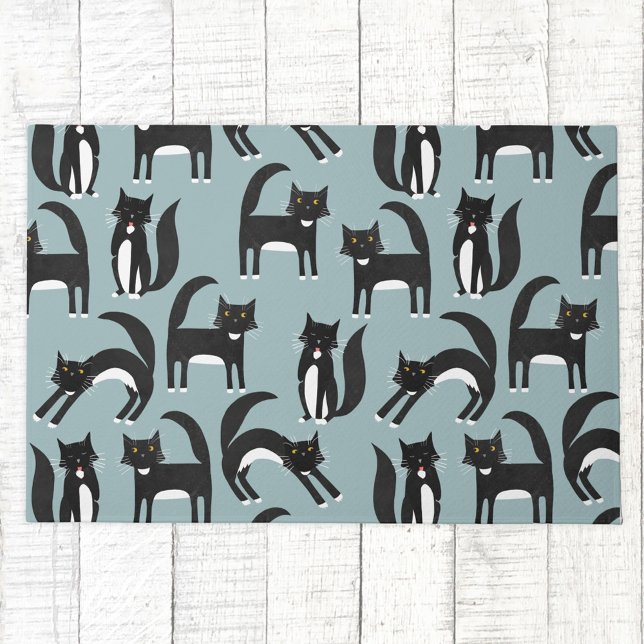 Schwarze und weiße Tuxedo Katzen Fußmatte (Black and white tuxedo cat pattern doormat)