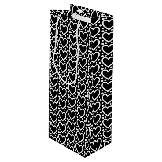 SCHWARZE UND WEISSE VALENTINSTAG HERZEN GESCHENKTÜTE FÜR WEINFLASCHEN (Vorderseite Schrägansicht)