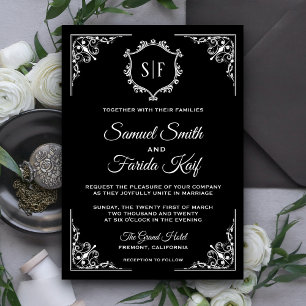 Schwarze und weiße, verzierte Monogramm-Hochzeitse Einladung
