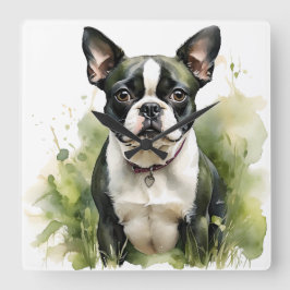 SCHWARZE UND WEISSE WASSERFARBE BOSTON TERRIER HUN QUADRATISCHE WANDUHR