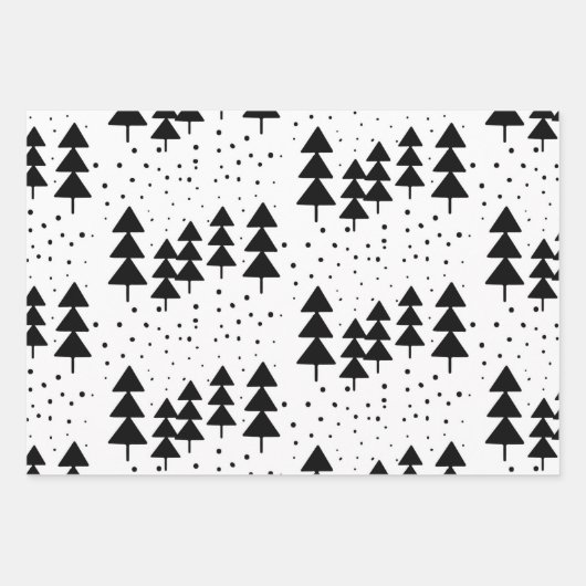 Schwarze und weiße Weihnachtsbäume Schneeflocken H Geschenkpapier Set (Vorderseite)