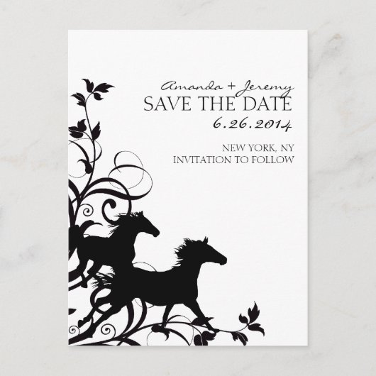 Schwarze und Weiße Wildpferde Save the Date Ankündigungspostkarte (Vorderseite)