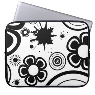 Schwarze und weiße wunderliche Blumen, Kreise, Spr Laptopschutzhülle