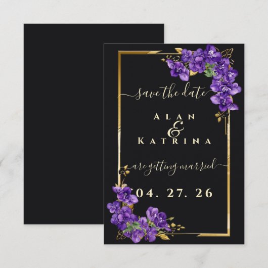 Schwarze Veilchen Blumen Gold Rahmen Save The Date (Vorne/Hinten)