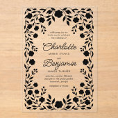 Schwarze Verzierte Blumenstrauß-Hochzeit Acryleinladungen (Vorderseite)