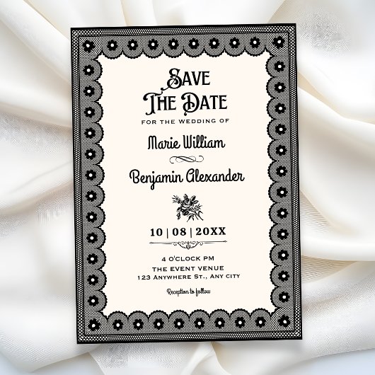 Schwarze viktorianische Spitzenhochzeit Save The Date