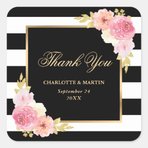Schwarze Vintage-Aquarell-Blumen-Hochzeit-Dankesch Quadratischer Aufkleber