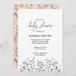 Schwarze Vintage Blätter und Beeren | Babydusche Einladung