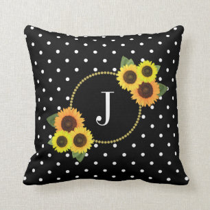 Schwarze Vintage-Blumen mit Punkten und Monogramm Kissen