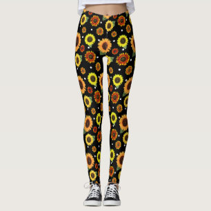 Schwarze Vintage Blütenchic Sonnenblumen Polka Do Leggings
