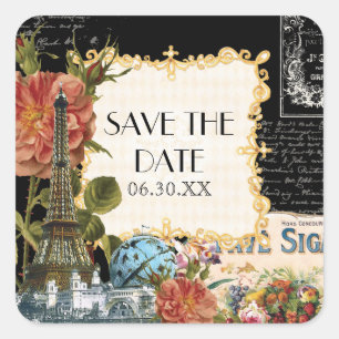 Schwarze Vintage-Eiffelturm-Rose-Save-the-Date-Sie Quadratischer Aufkleber