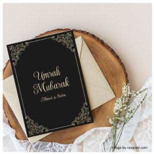 Schwarze Vintage-Gold-Strudel-Umrah-Mubarak-Grußka Karte