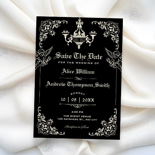 Schwarze Vintage gotische Bogenhochzeit Save The Date