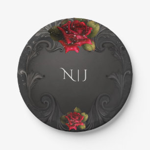 Schwarze Vintage Ornamentale Rote Rosen Hochzeit Pappteller