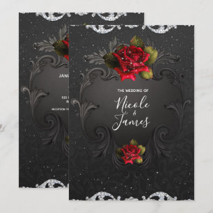 Schwarze Vintage Ornamente Rote Rosen Hochzeit Einladung
