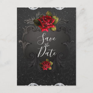 Schwarze Vintage Ornamente Rote Rosen Termin vorme Ankündigungspostkarte