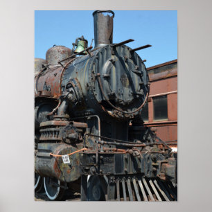Schwarze Vintage-Rostige-Dampf-Lokomotive Zugmasch Poster