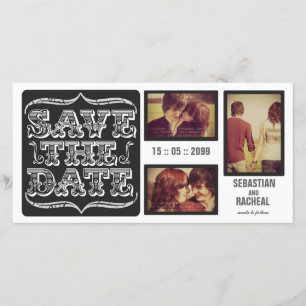 Schwarze Vintage-Save-the-Date-Typografie-Fotokart Save The Date