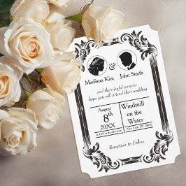 Schwarze Vintage Silhouette Hochzeit mit Typografi Einladung