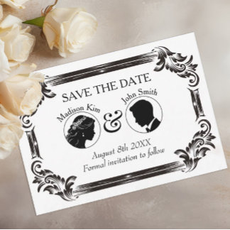 Schwarze Vintage-Silhouette-Hochzeit mit Typografi Save The Date