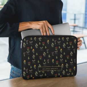 Schwarze Vintage Wildblume Blumenmuster Goldener N Laptopschutzhülle