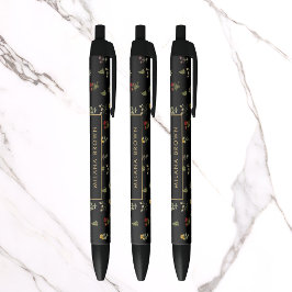 Schwarze Vintage Wildblume Name Floral & Gold Kugelschreiber