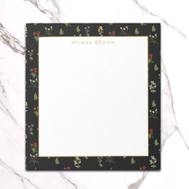 Schwarze Vintage Wildblume und Goldname Notizblock