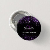 Schwarze violette Glitter-Monogramm-Initialen Button (Vorne & Hinten)
