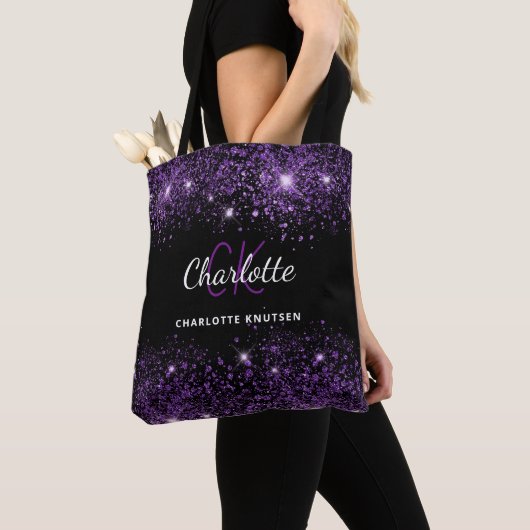 Schwarze violette Glitter-Monogramm-Initialen Name Tasche (Von Nahem)