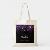 Schwarze violette Glitter-Monogramm-Initialen Tragetasche (Rückseite)
