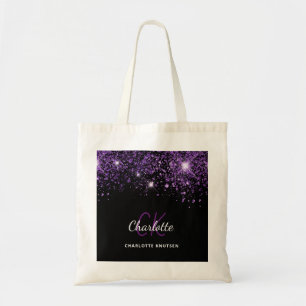 Schwarze violette Glitter-Monogramm-Initialen Tragetasche