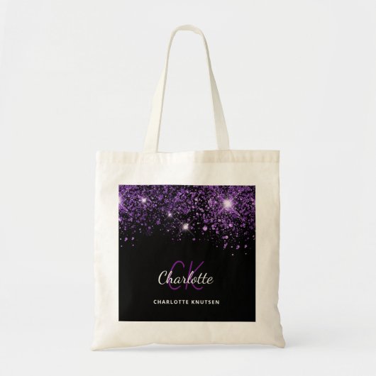 Schwarze violette Glitter-Monogramm-Initialen Tragetasche (Vorne)