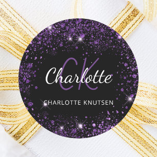 Schwarze violette Glitterstaub-Monogramm-Initialen Runder Aufkleber