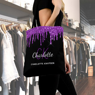 Schwarze violette Glittertropfen-Monogramm-Initial Tasche