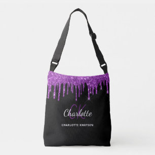 Schwarze violette Glittertropfen-Monogramm-Initial Tragetaschen Mit Langen Trägern