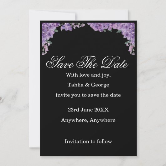Schwarze & violette Jacaranda-Blüten Save-the-Date Einladung (Vorderseite)