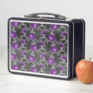 Schwarze violette Rosen silberne Blätter dunkler G Metall Brotdose