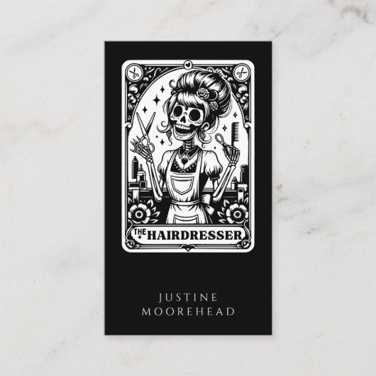 Schwarze Visitenkarte für das Tarot der Haarstühle (Vorderseite)