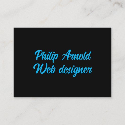 Schwarze Visitenkarte mit blauem Text (Vorderseite)
