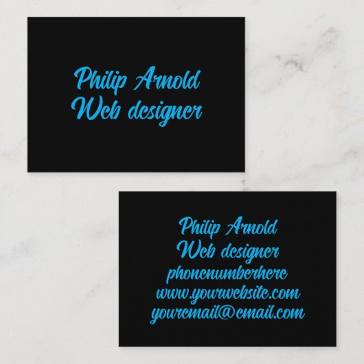 Schwarze Visitenkarte mit blauem Text (Vorne/Hinten)