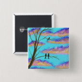 Schwarze Vögel auf Ast-bunter Wolken-Himmel-Kunst Button (Vorne & Hinten)