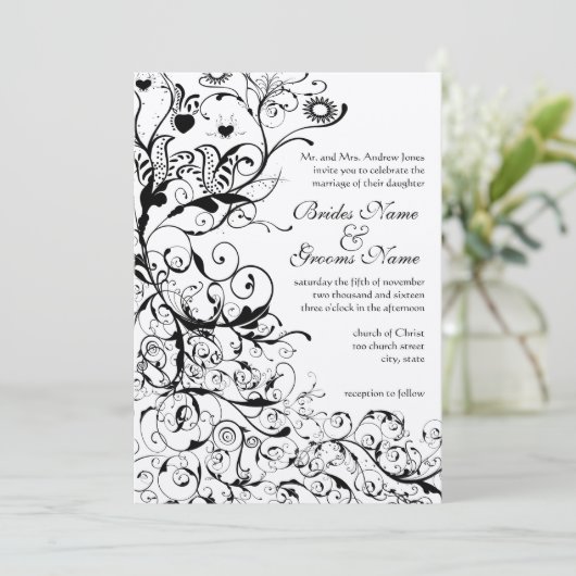 Schwarze Vögel & Wirbel Hochzeitseinladung Einladung (Stehend Vorderseite)