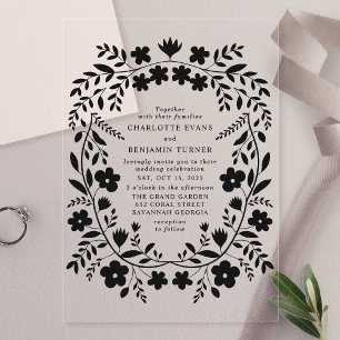 Schwarze Volkskunst Florale Hochzeit Acryleinladungen
