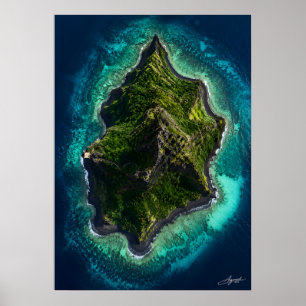 Schwarze Vulkaninsel in Satellitenansicht Poster