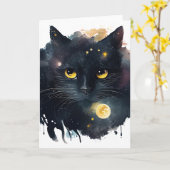Schwarze Wasserfarbe Kosmische Katze mit gelben Au Karte (Gelbe Blume)