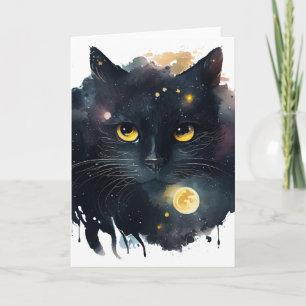 Schwarze Wasserfarbe Kosmische Katze mit gelben Au Karte